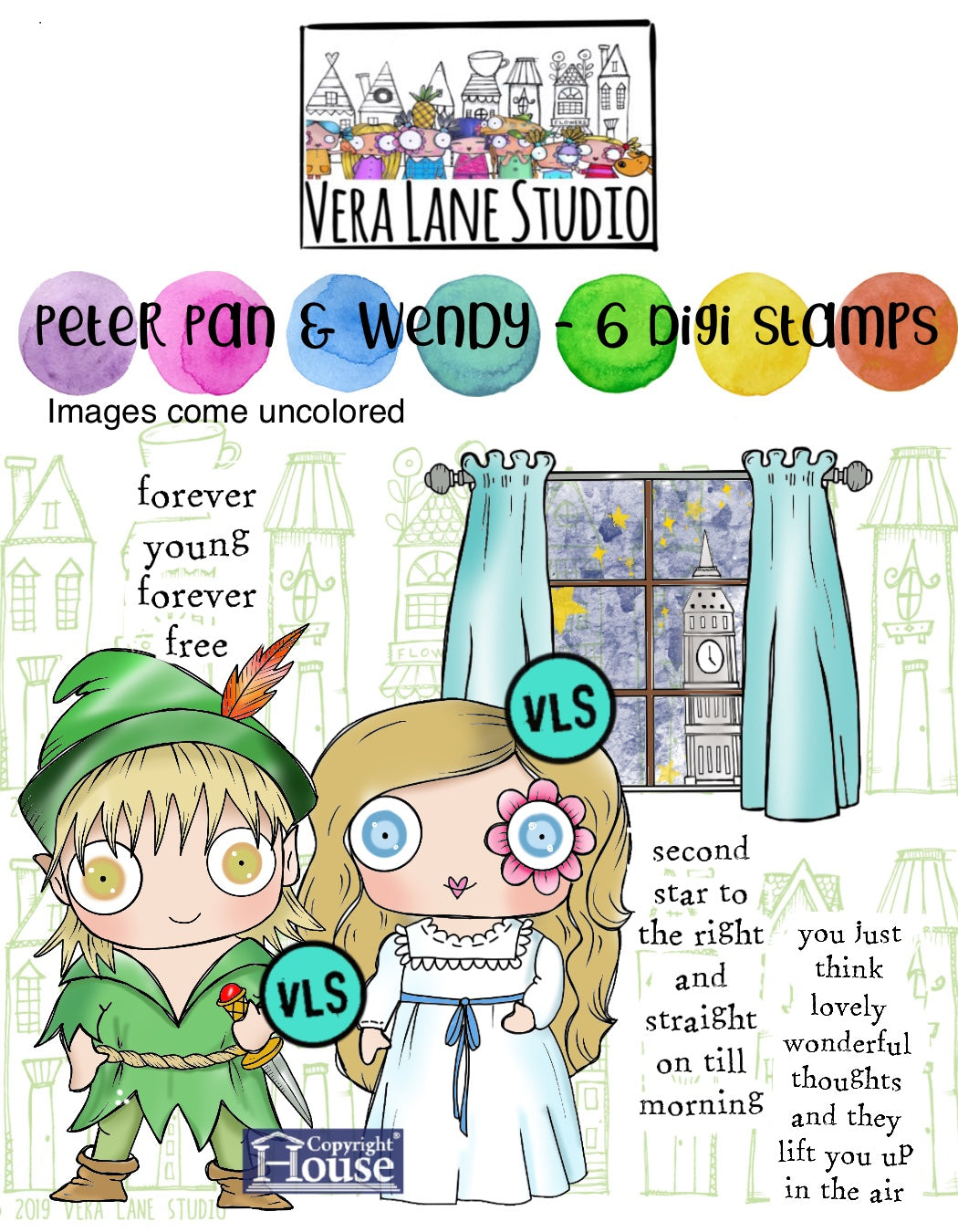 Peter pan and Wendy - 6 Digi stamp set in jpg and png  files