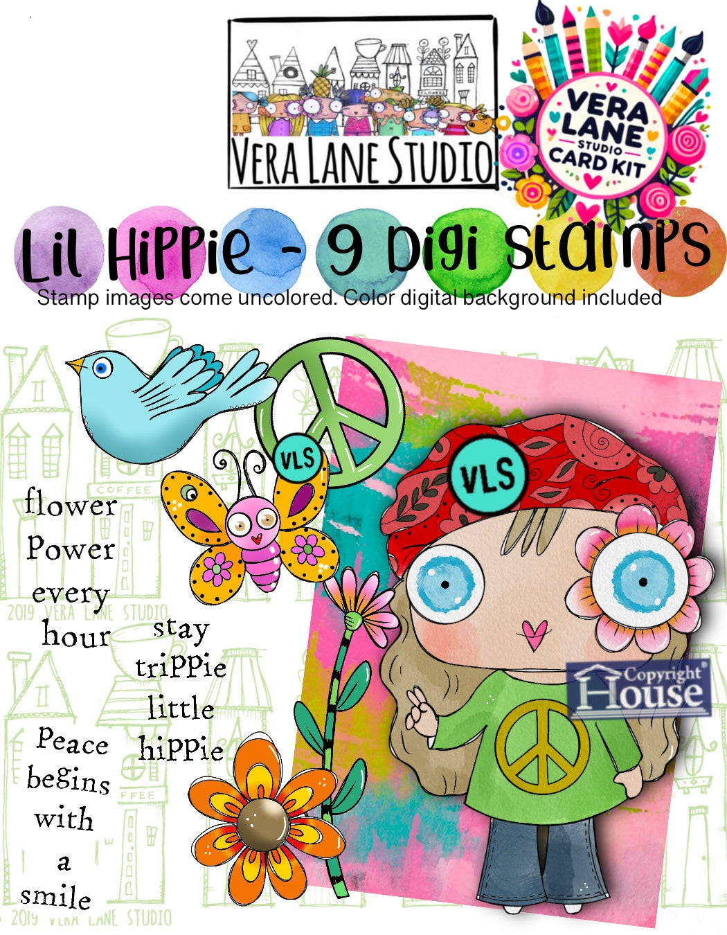 Lil Hippie Card Kit - 9 Digi stamps , 1 color background