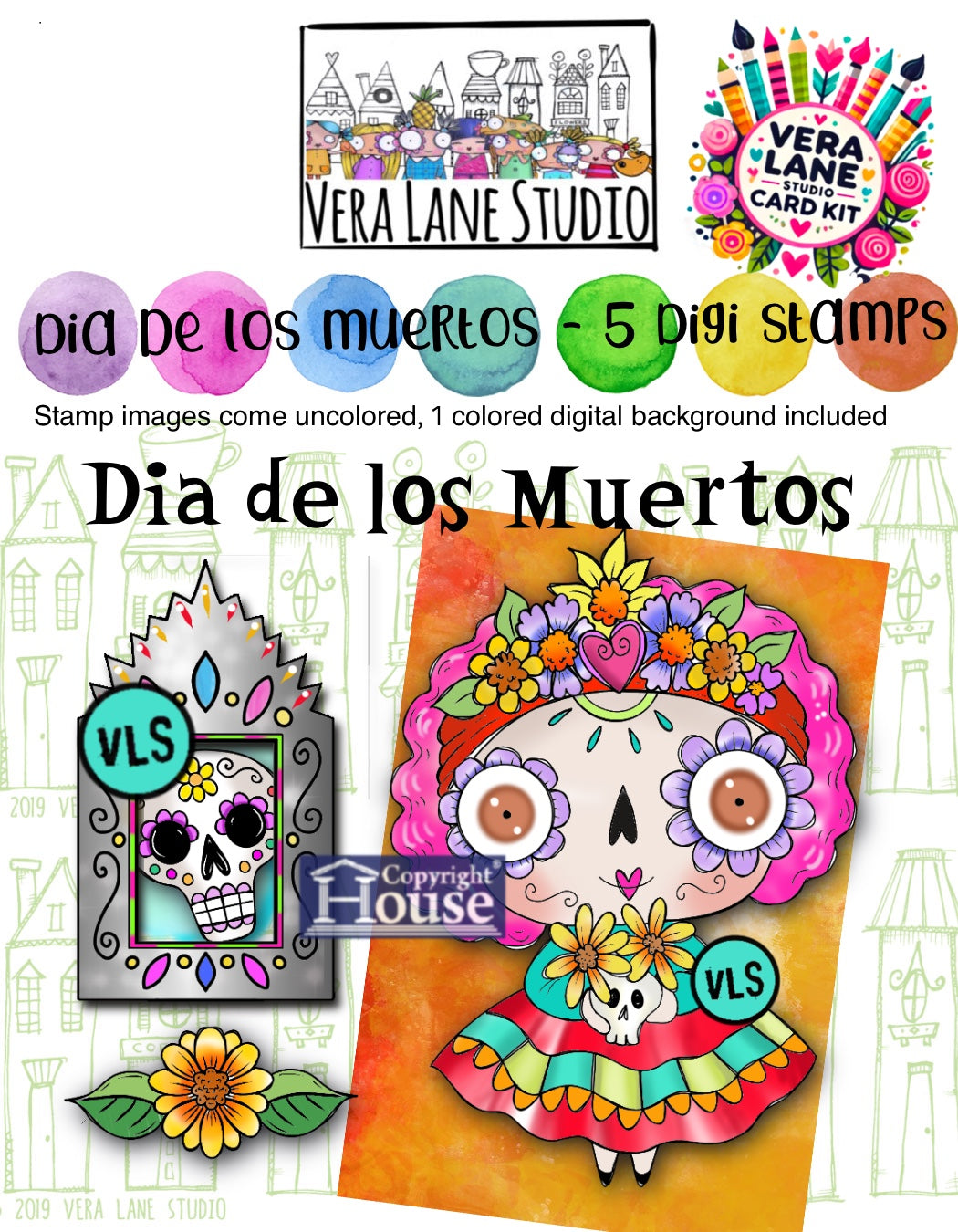 Dia de los Muertos Card Kit - 5 Digi stamps in jpg and png files with color digital background