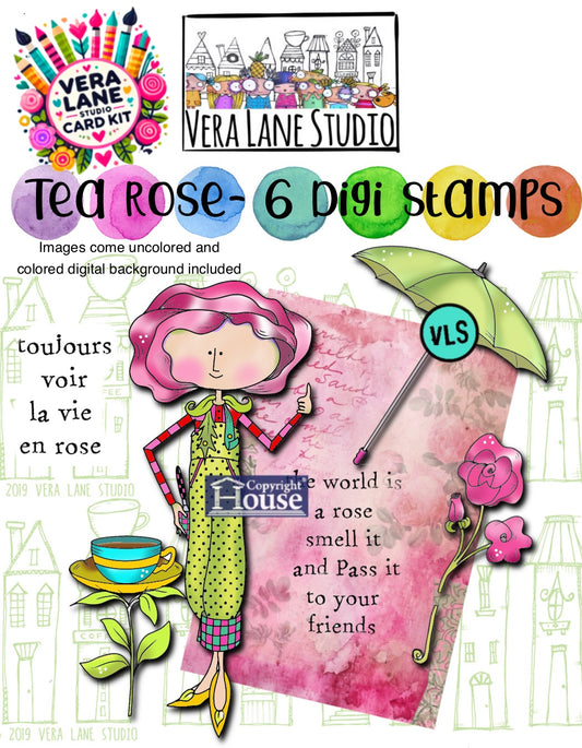 Tea Rose digital card kit  - 6 Digi stamps in jpg and png files and 1 digital background