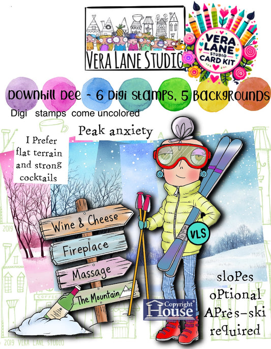 Downhill Ski Digi Bundle with Miss Dee, 6 Stamps + 5 Backgrounds, PNG & JPG