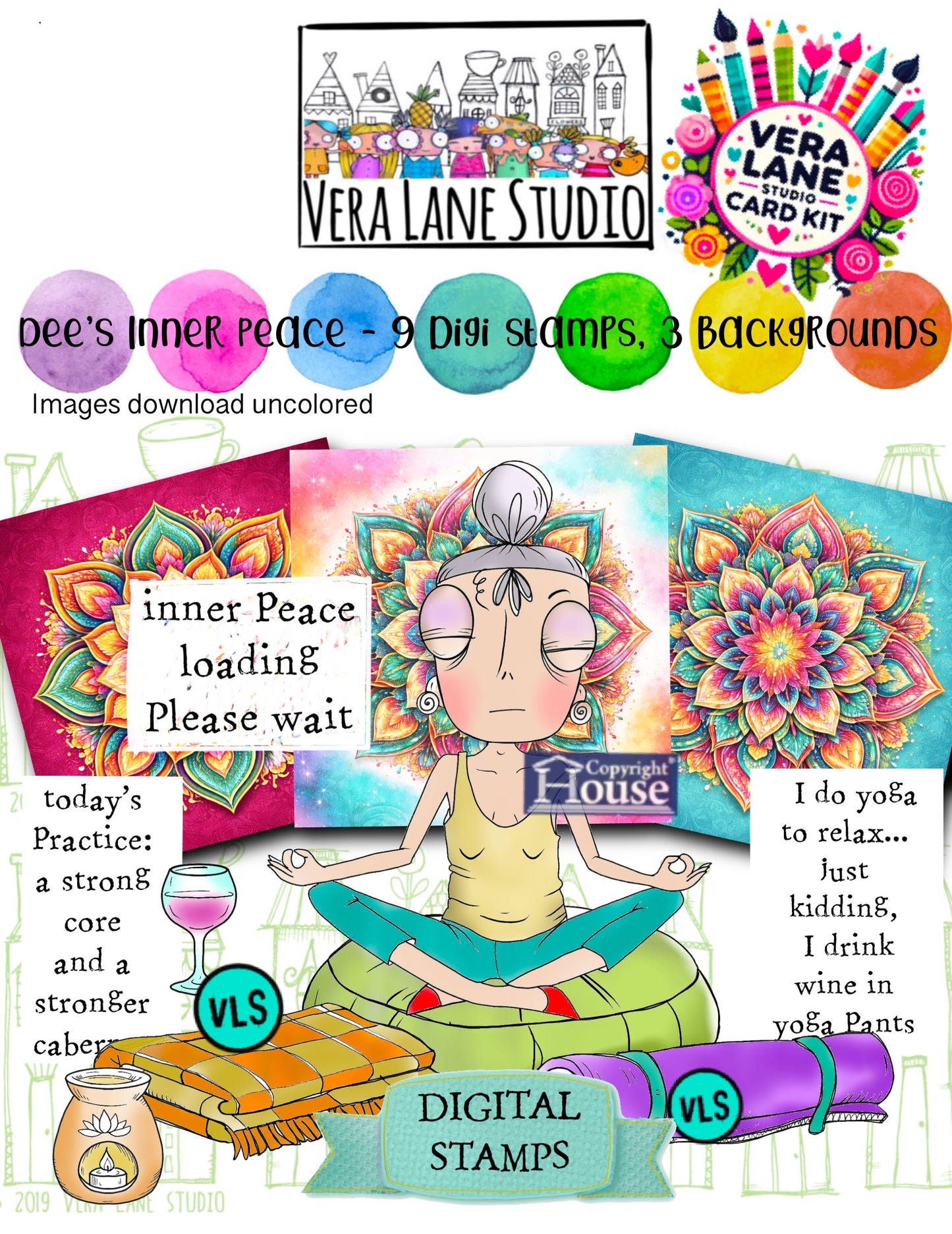 Dee’s Inner Peace – 9 Digital Stamps & Mandala Backgrounds | Yoga Humor Art | Printable PNG JPG