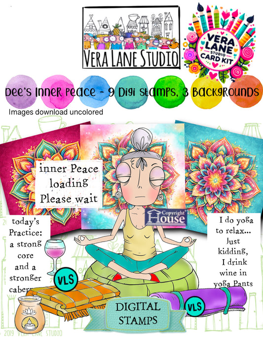 Dee’s Inner Peace – 9 Digital Stamps & Mandala Backgrounds | Yoga Humor Art | Printable PNG JPG