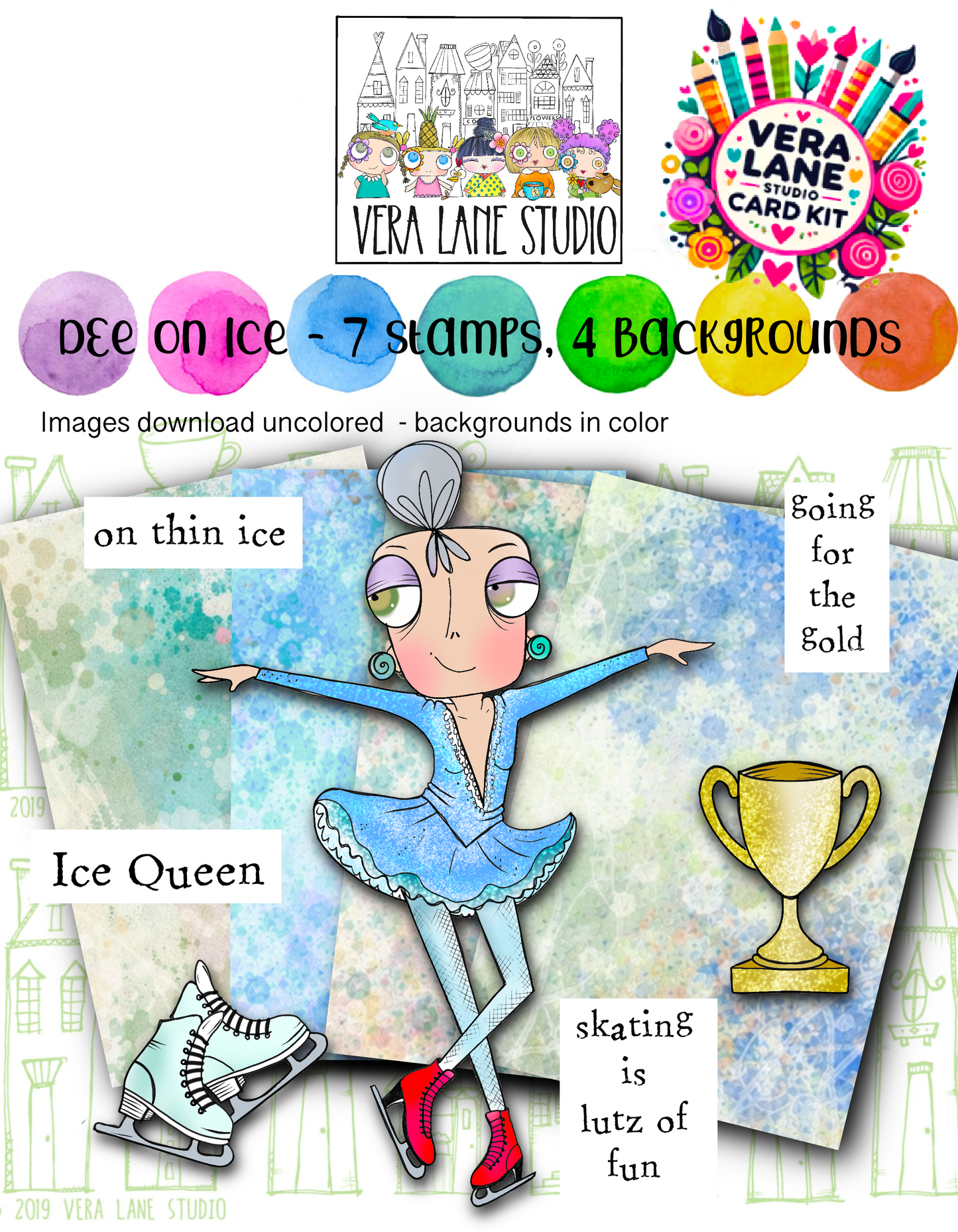 Miss Dee on Ice - figure skater digital stamp bundle card kit, 7 stamps 4 backgrounds