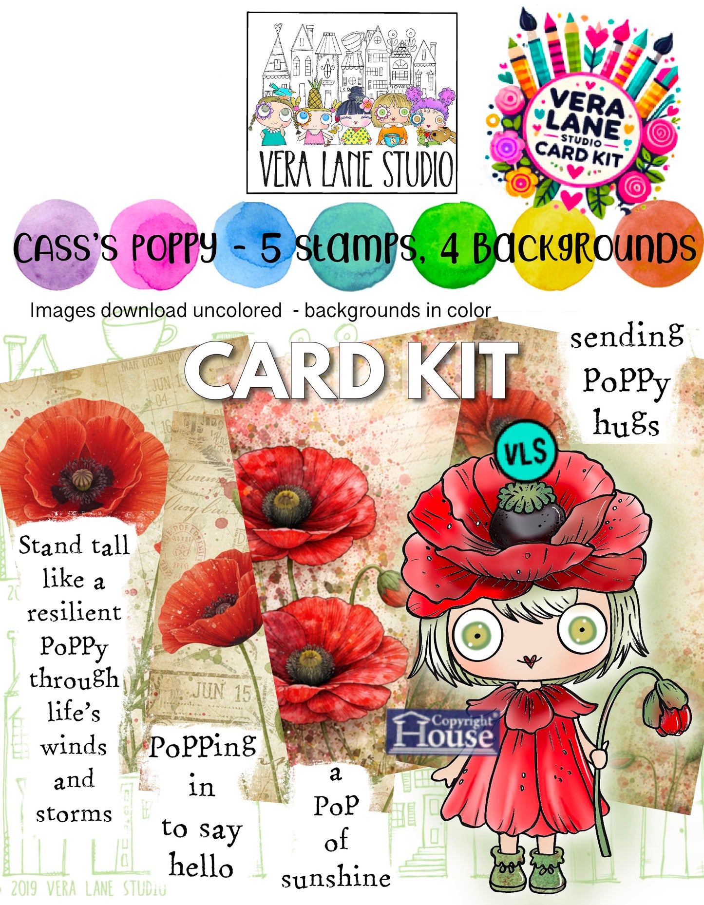 Cass’s Poppy _  digital card kit, including five digital stamps and four gorgeous backgrounds