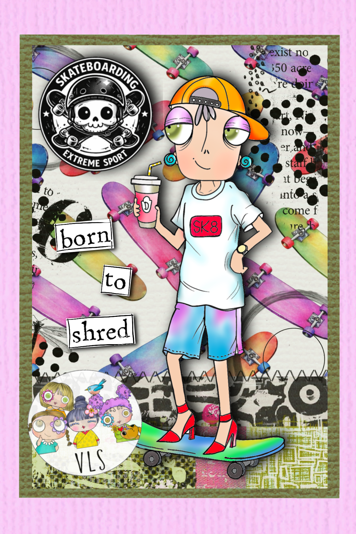 Skateboarder Dee - 7 stamp, 4 backgrounds digital card kit