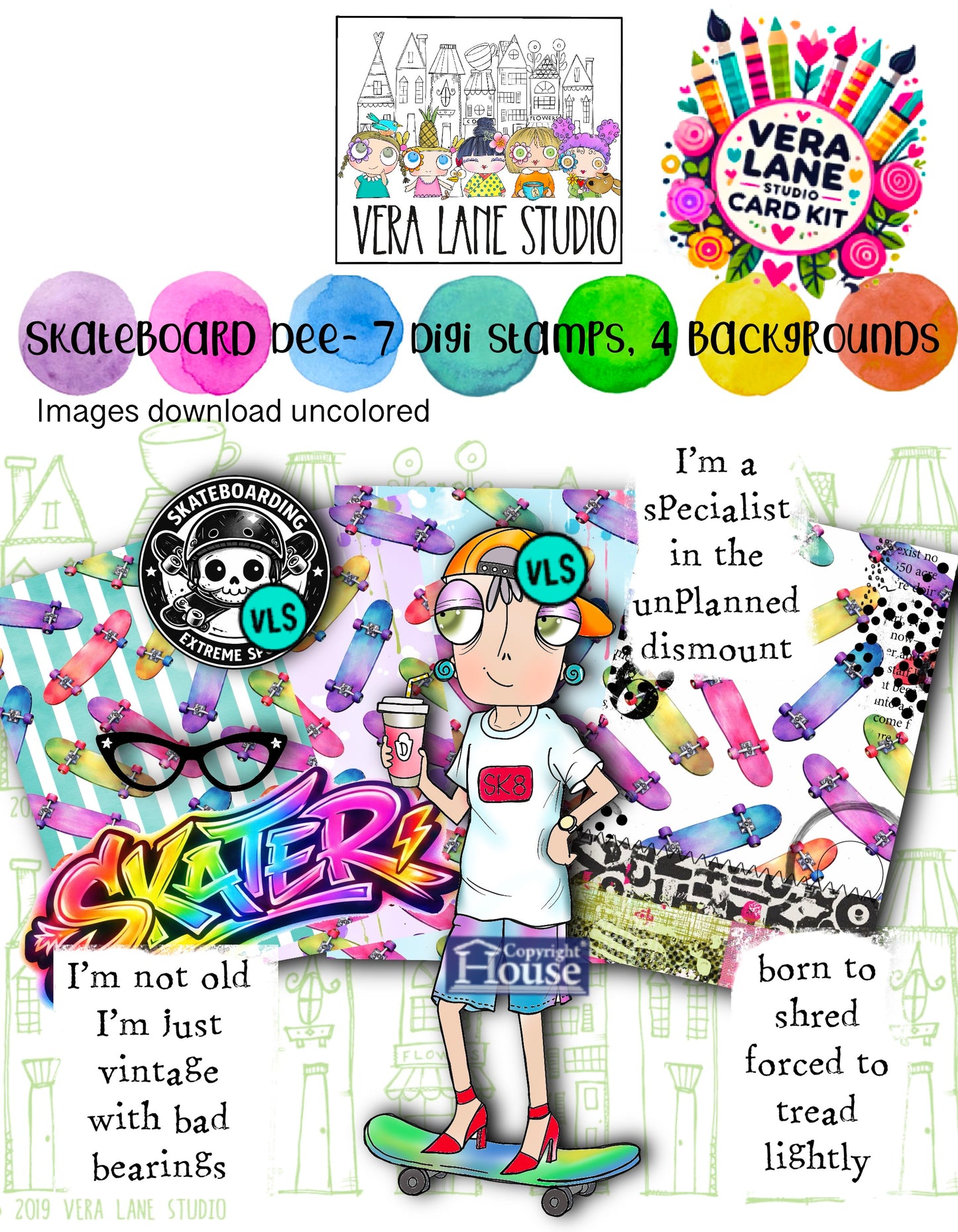 Skateboarder Dee - 7 stamp, 4 backgrounds digital card kit