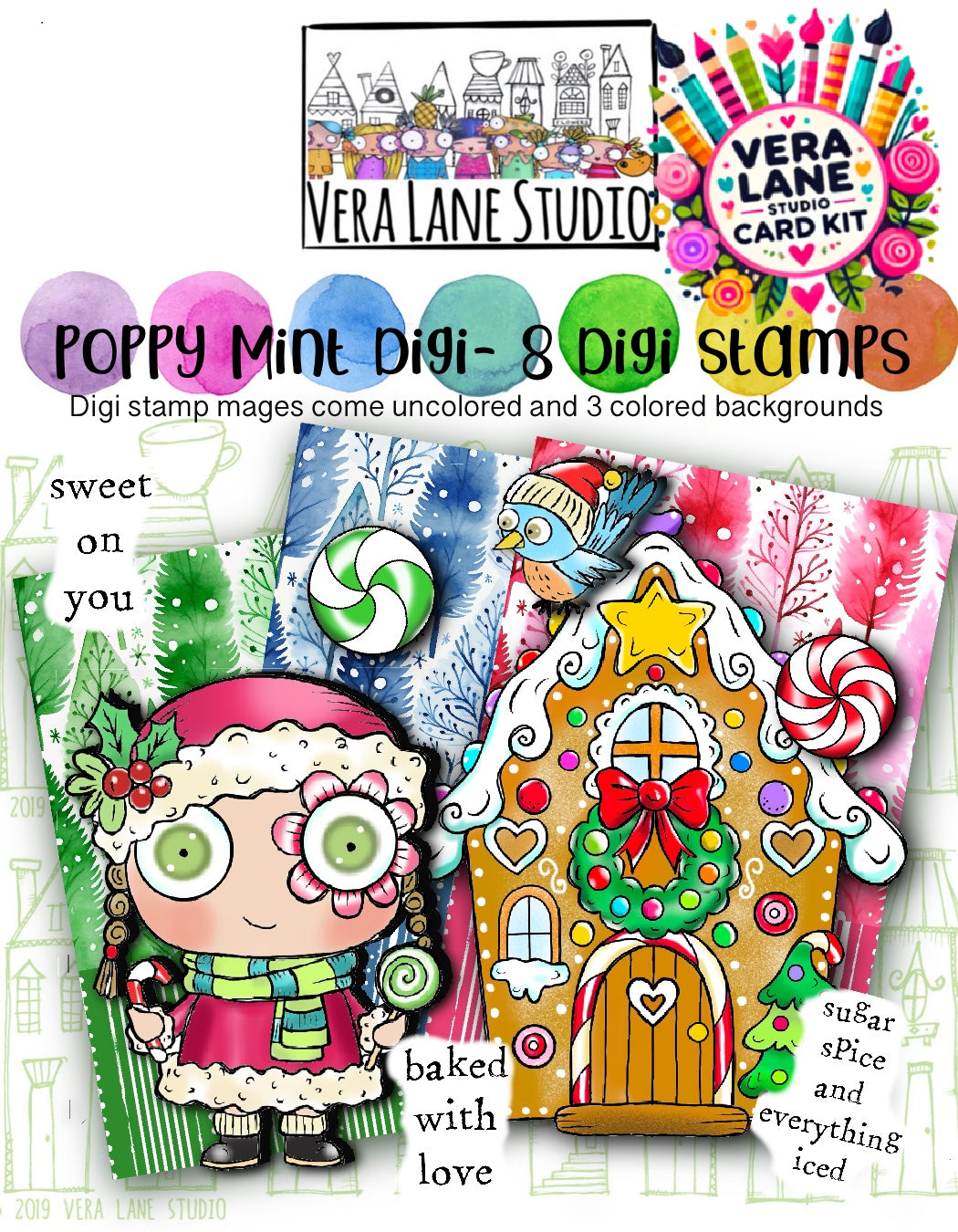 Poppy Mint Digital Card Kit - 8 Digi stamps, 3 colored backgrounds