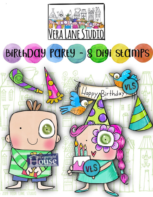 Birthday Party  - 8 Digi stamp set in jpg and png files