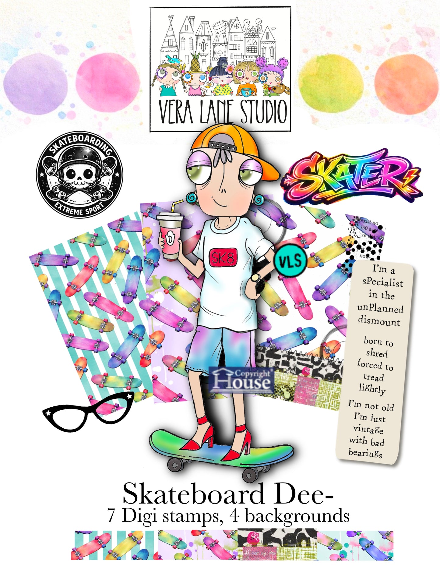 MIss Dee Double Bundle - PT Dee and Skateboarder Dee - 16 stamps, 4 card backs