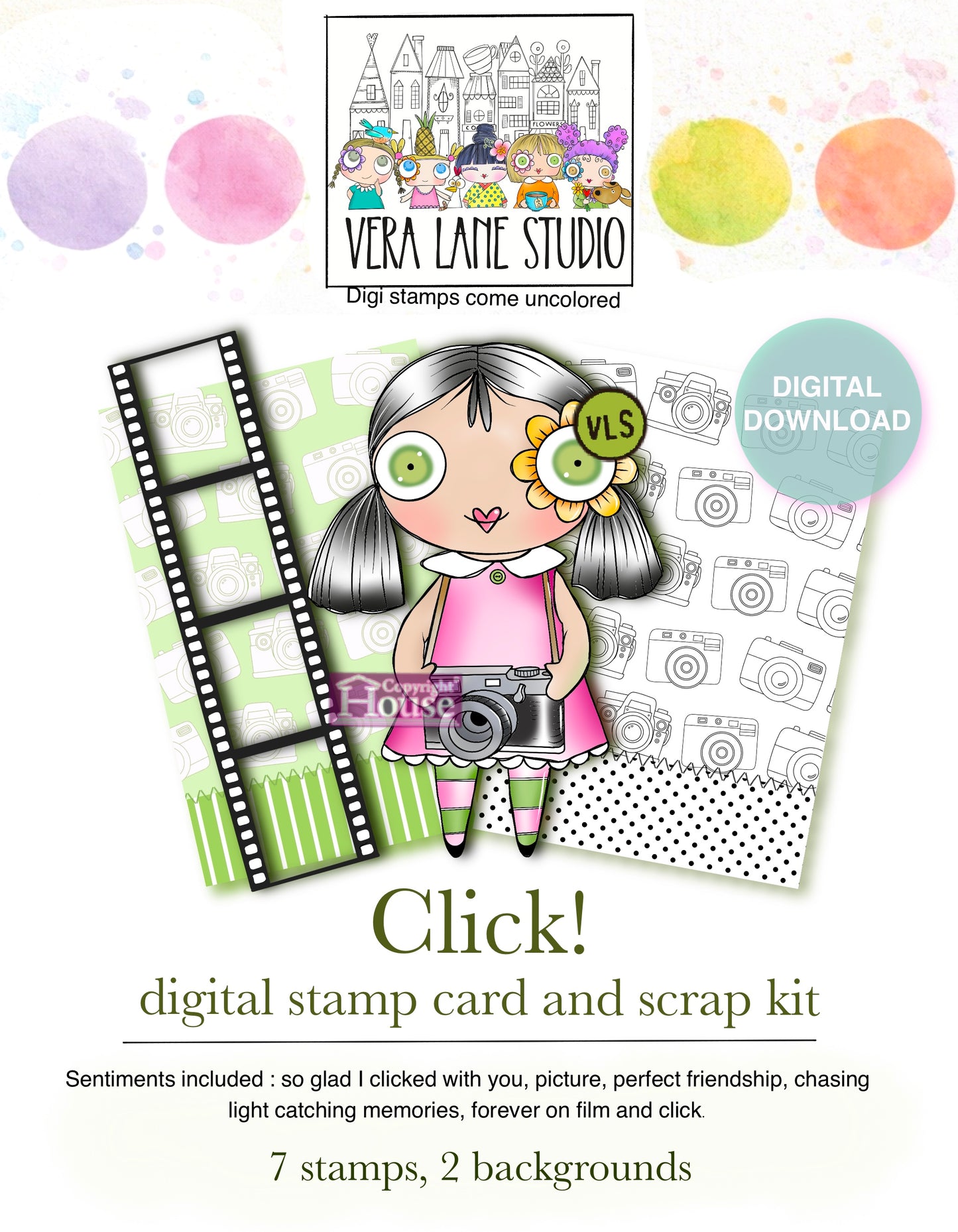 Click! Photography Girl Digital Stamp Card Kit, Camera Girl Digi Stamp Set, Scrapbook Card Kit, Printable Craft Set