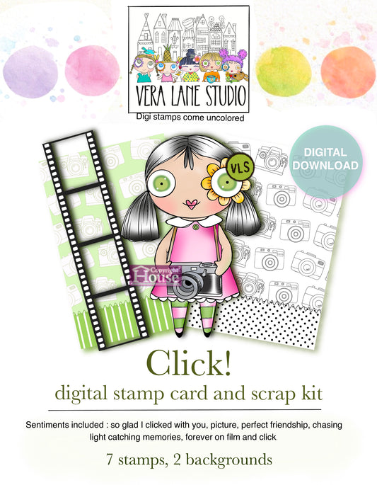 Click! Photography Girl Digital Stamp Card Kit, Camera Girl Digi Stamp Set, Scrapbook Card Kit, Printable Craft Set