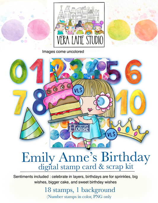 Emily Ann Birthday Digital Stamps, Cake Girl Stamp Set, Number Stamps 0-10, Card Making Scrapbook Kit