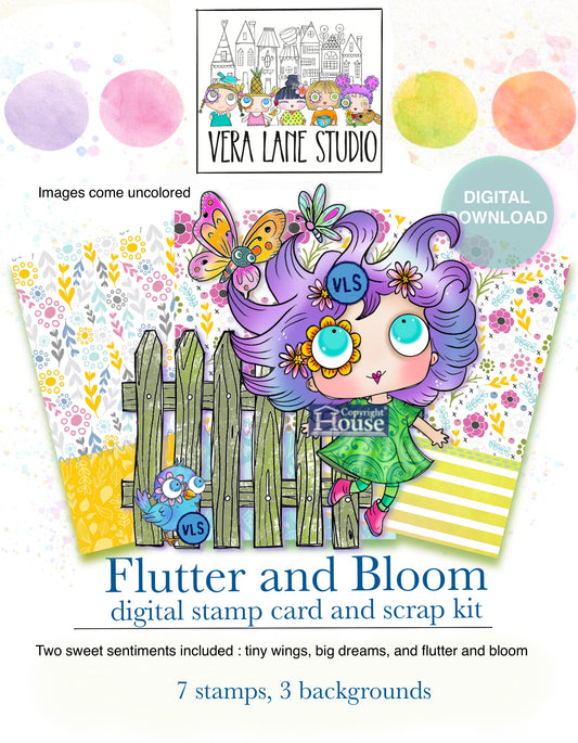 Flutter and Bloom - 7 Digi stamps, 3 colored backgrounds Card Kit