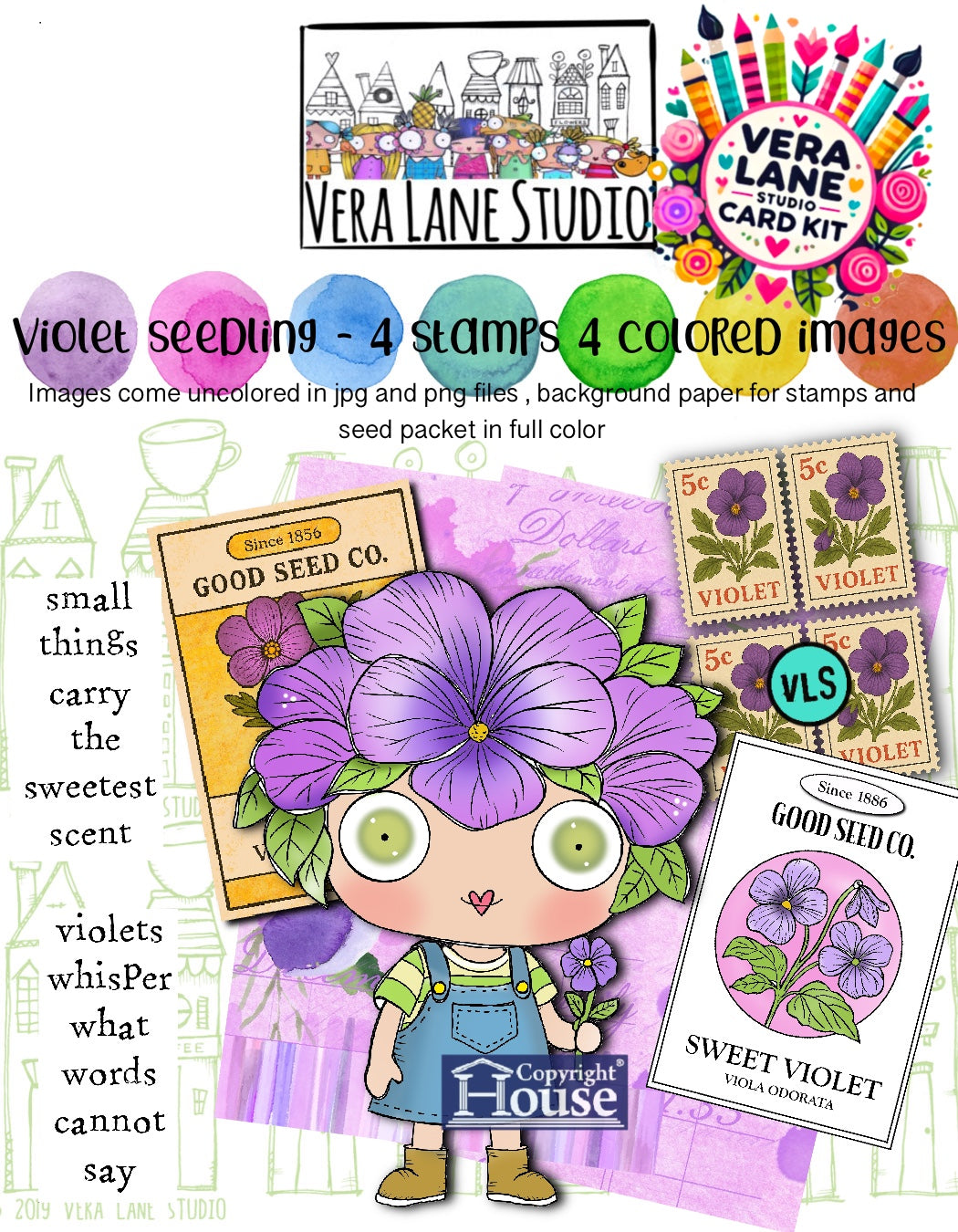 Violet seedling - four digital stamps, and four colorful ephemera card kit