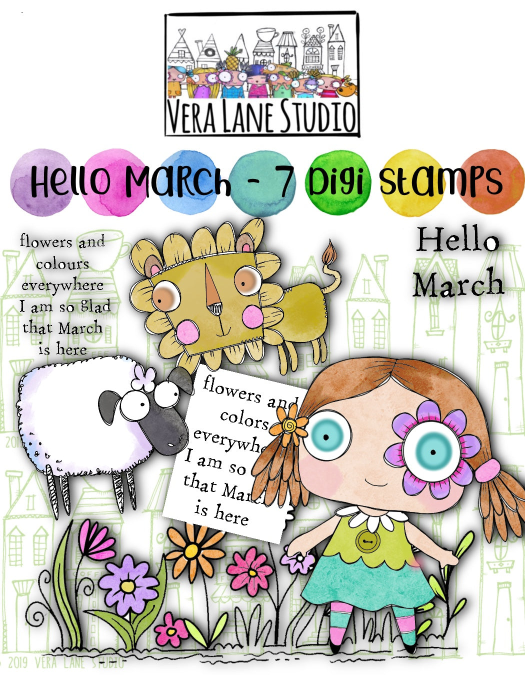 Hello March - 7 Digi stamp set in jpg and png files