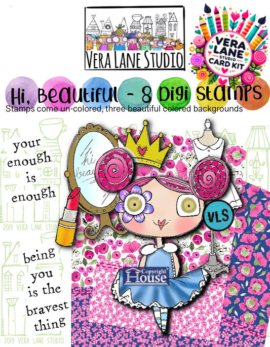 Hi Beautiful - 8 Digi stamps in jpg and png files with three beautiful backgrounds