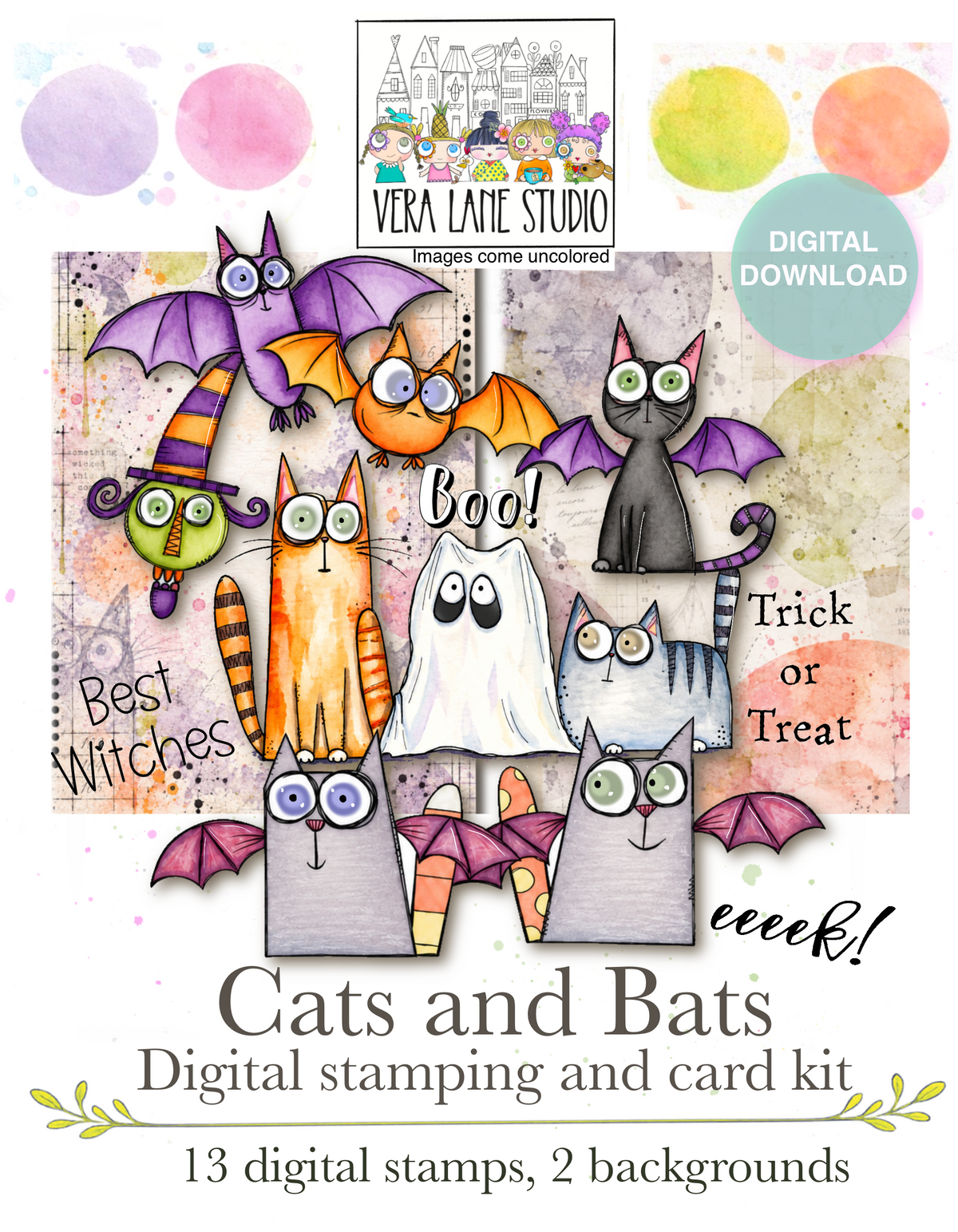 Cats and Bats Halloween Digital Stamps Card Kit Printable Cats Bats Witch Ghost