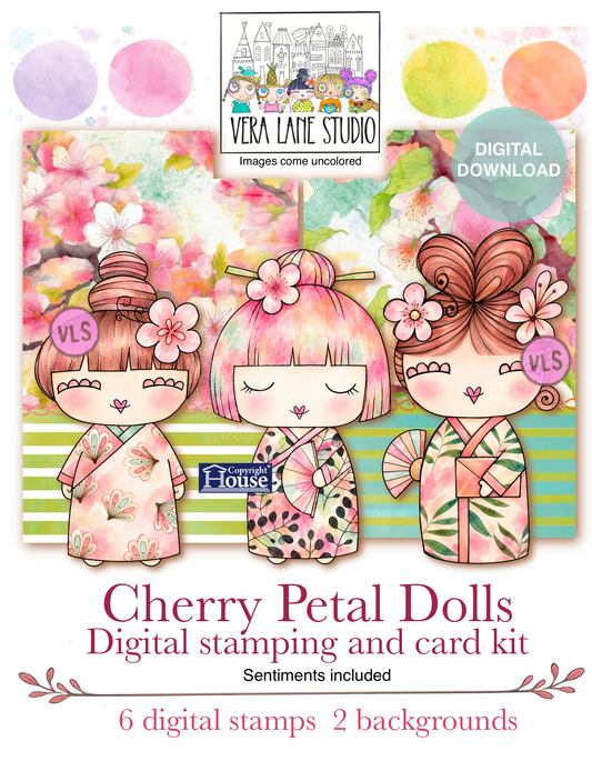 Cherry Petal Dolls - 7 Digi stamps, 2 colored digital papers
