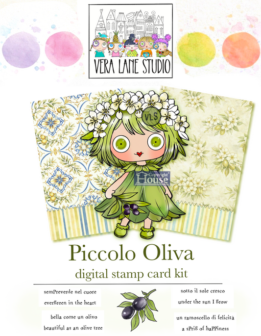 Piccolo Oliva Digital Stamp Card Kit, Olive Theme Printable, Botanical Girl, Mediterranean Craft Kit, PNG JPG