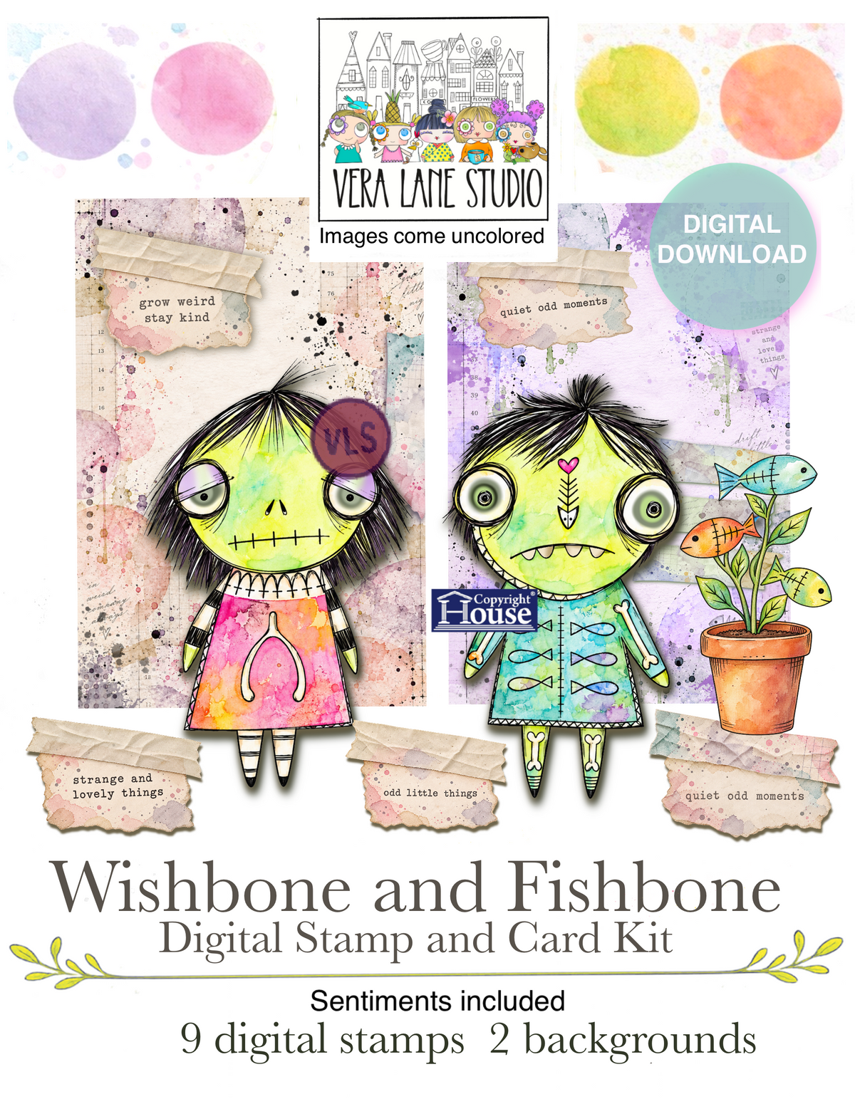 Wishbone and Fishbone Digital Stampand Card Kit  - 11 digital files