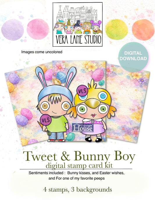 Tweet and BunnyBoy - Easter Bunny Chick Digital Stamps Card Kit Spring Cute Kids PNG JPG