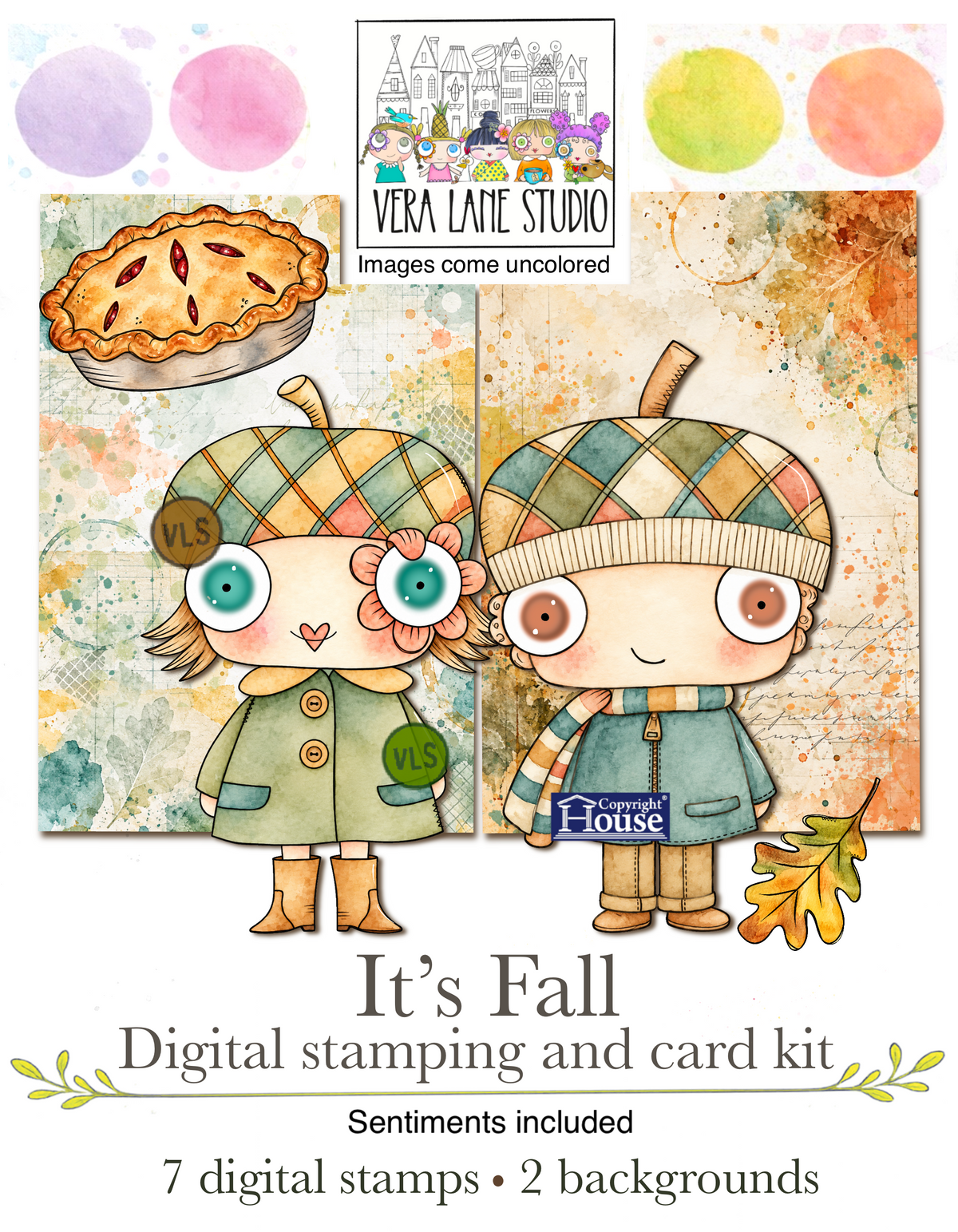 It’s Fall Digital Stamp Card Kit Autumn Kids Pie Leaves Printable Papers
