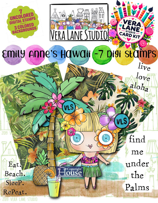 Emily Anne’s Hawaii digital card kit - 7 Digi stamps in jpg and png files, 3 colored backgrounds