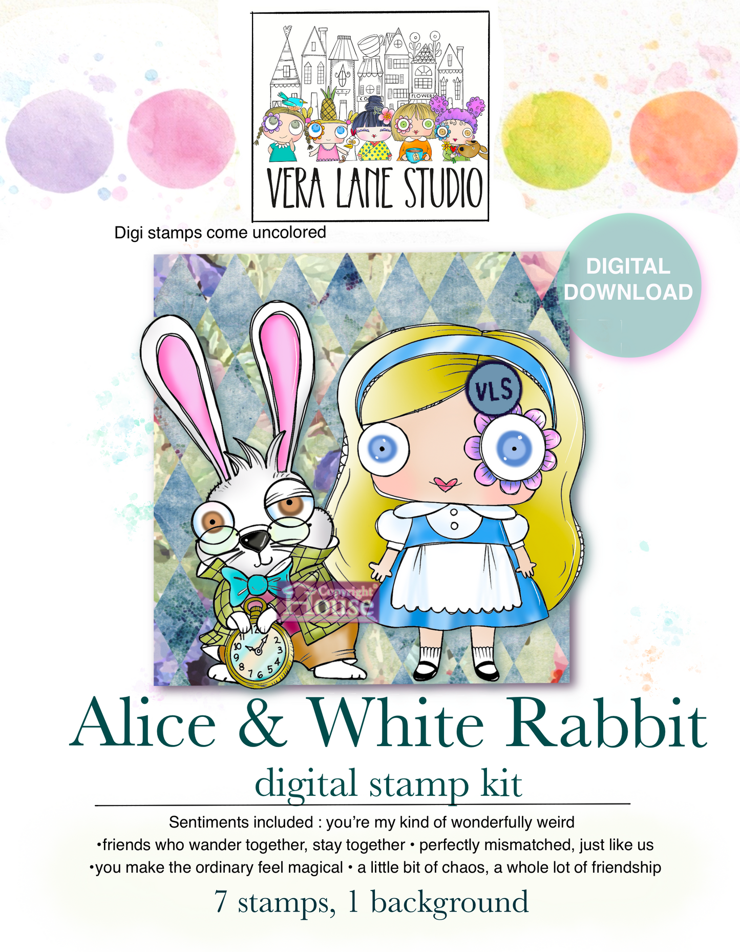 Alice White Rabbit Digi Stamps, Wonderland Girl Stamp Set, Whimsical Card Making Kit, Printable Craft Set,