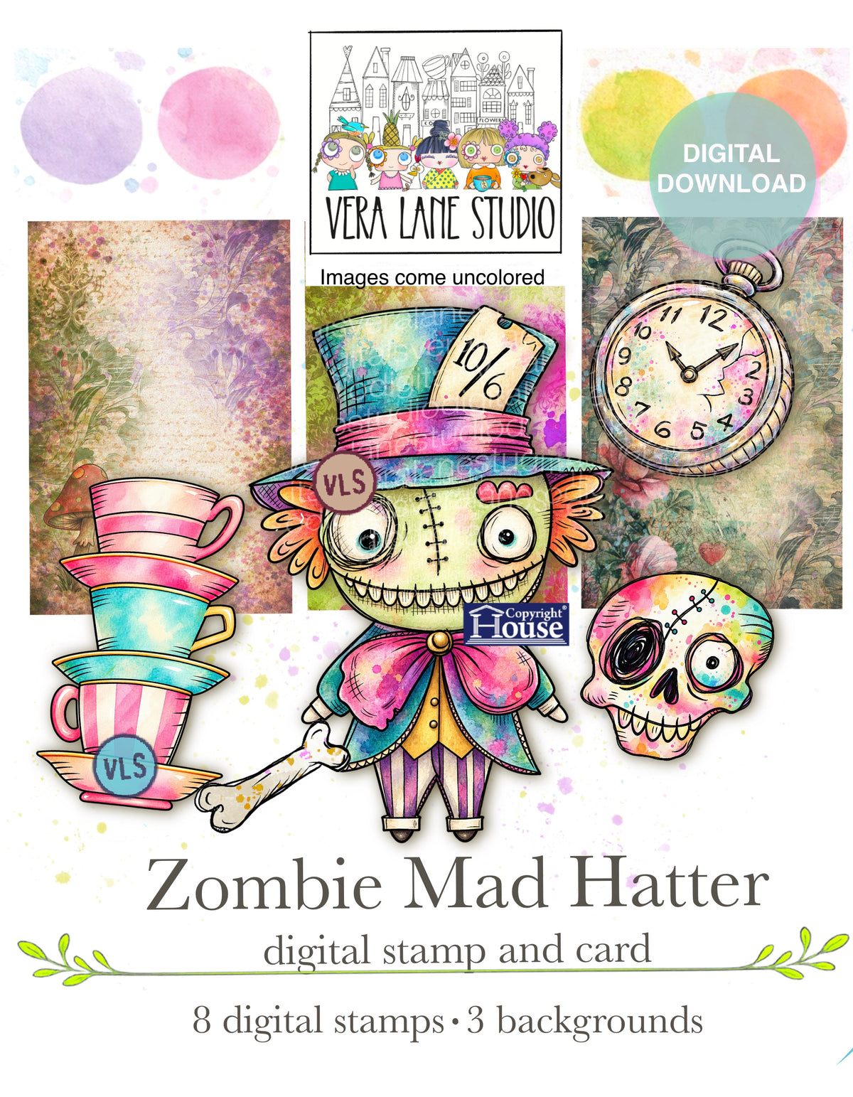 Zombie Mad Hatter digital card kit - 8 stamps , 3 backgrounds