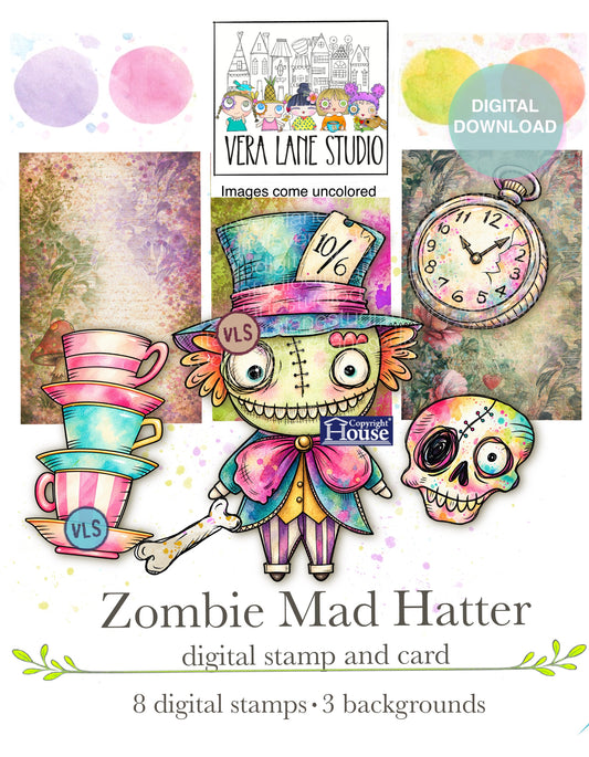 Zombie Mad Hatter digital card kit - 8 stamps , 3 backgrounds