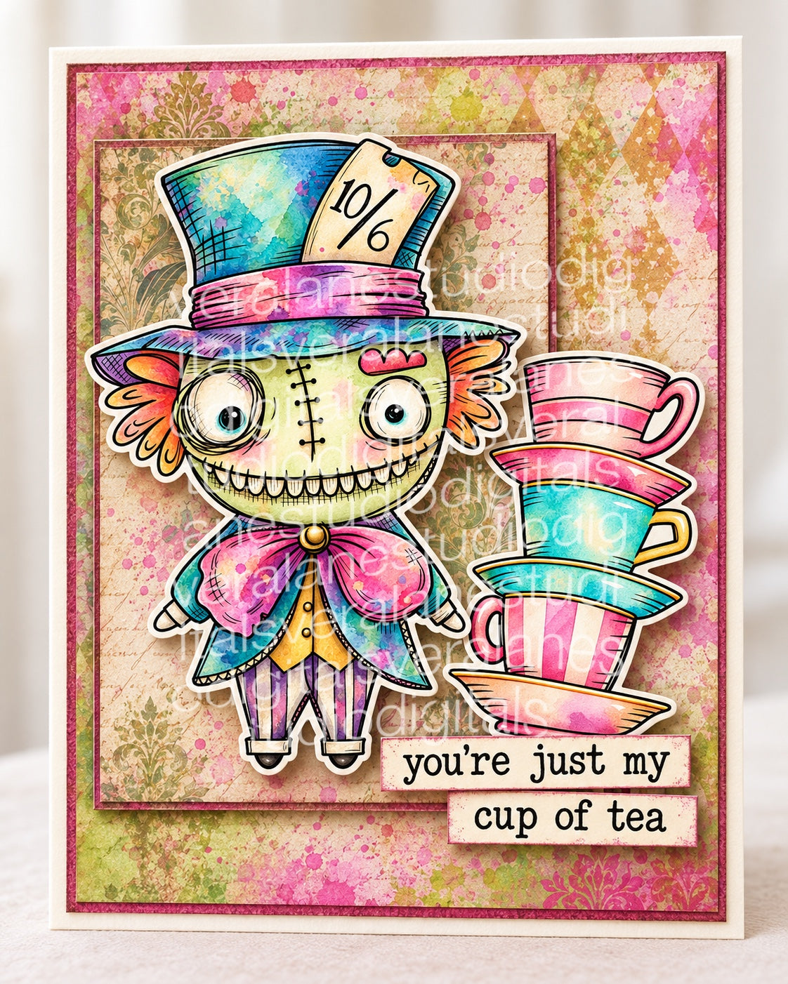 Zombie Mad Hatter digital card kit - 8 stamps , 3 backgrounds