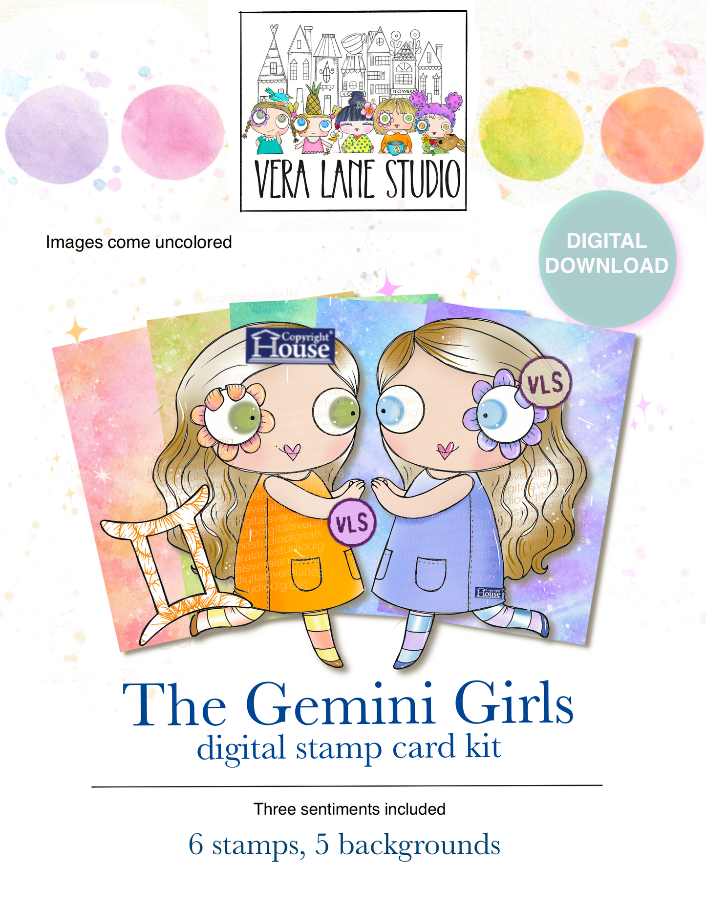 Gemini Girl Digital Stamp Kit, Hand Drawn Card Making, Junk Journal Printable Download