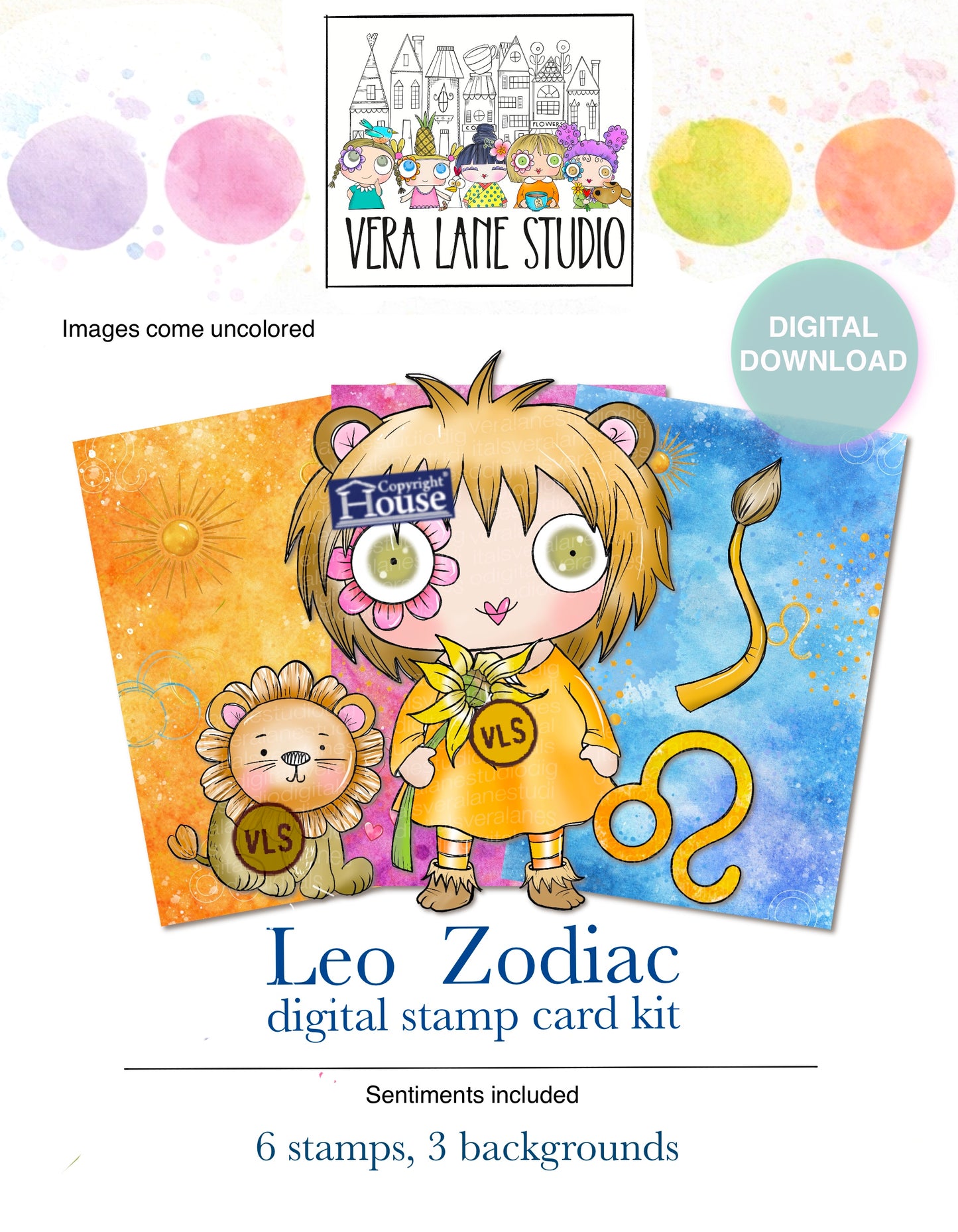 Leo Girl Digital Stamp Kit, Hand Drawn Card Making, Junk Journal Printable Download