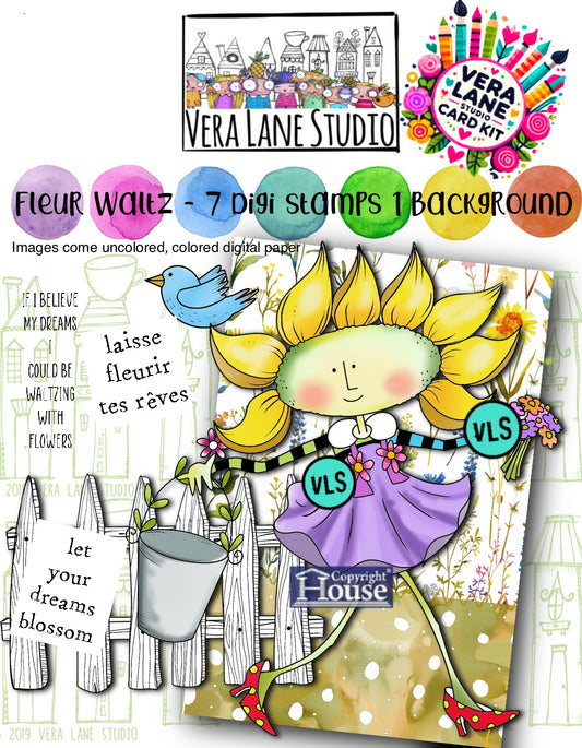 Fleur Waltz - 7 Digi stamps and colored background card kit