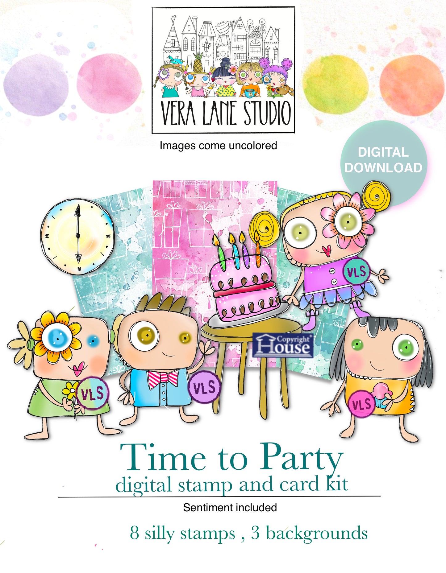 Time to party card kit -  8 Digi stamps in jpg and png files, 3 backgrounds