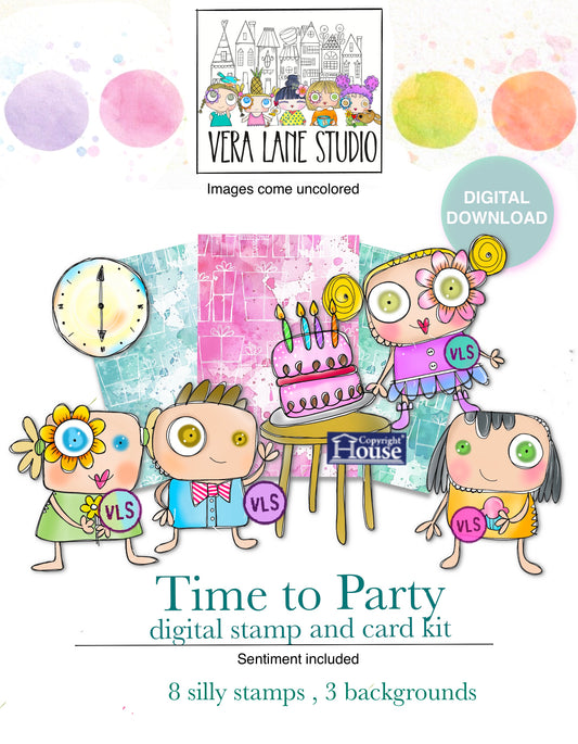 Time to party card kit -  8 Digi stamps in jpg and png files, 3 backgrounds