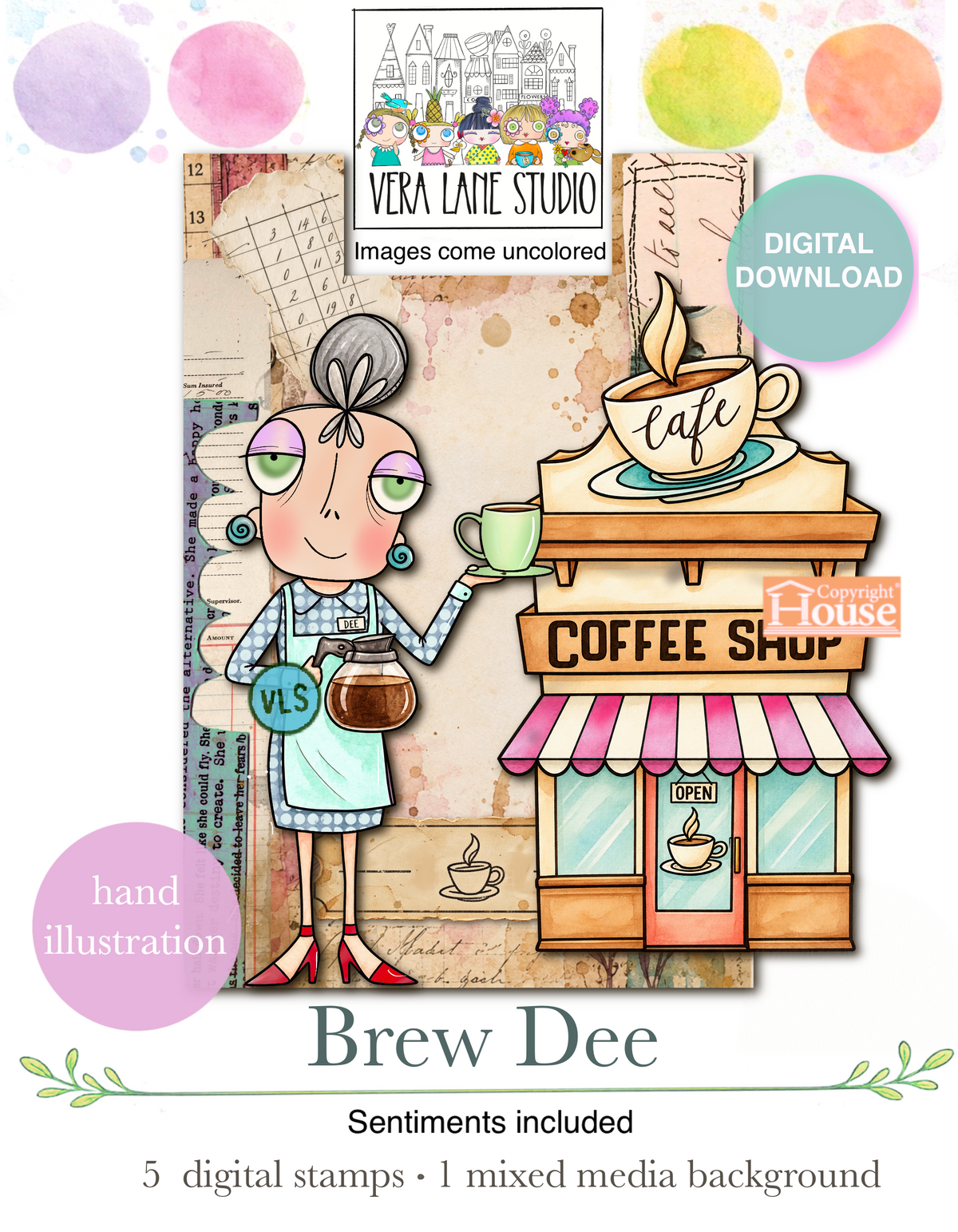 Brew Dee - 5 Digi stamp bundle  and mixed media background card kit
