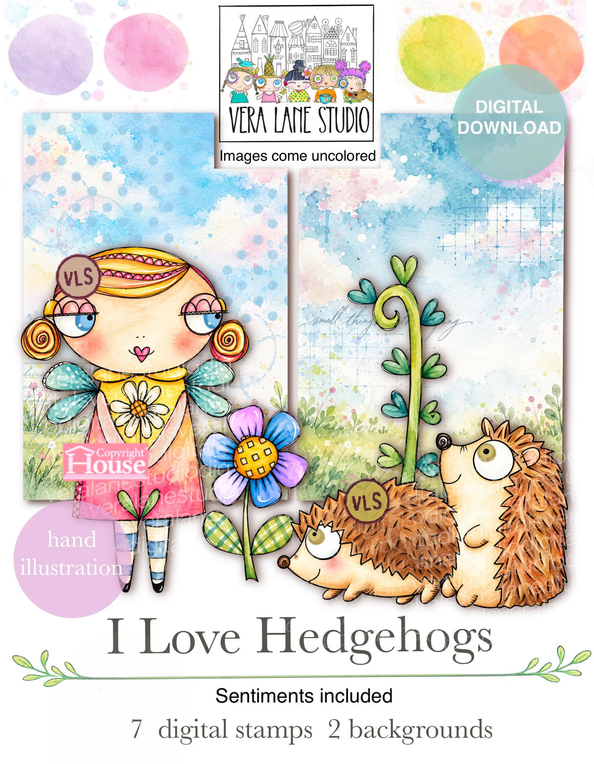 I love Hedgehogs - Vera Lane Studio Hedgehog Digital Stamps – Hand-Drawn Illustrations (Digital Download)