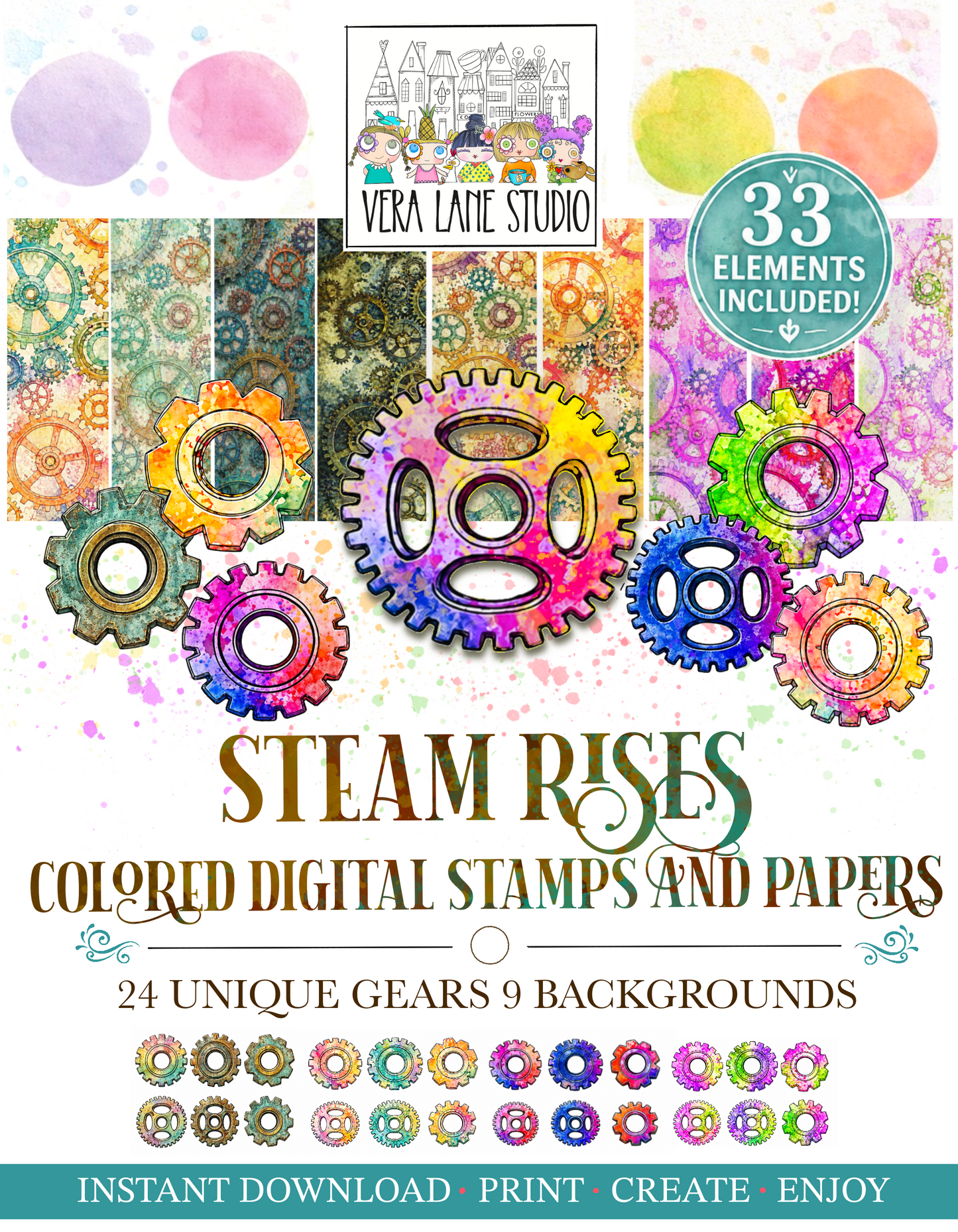 Steam Rises- steam punk, digital gear stamps and coordinating papers 33 elements