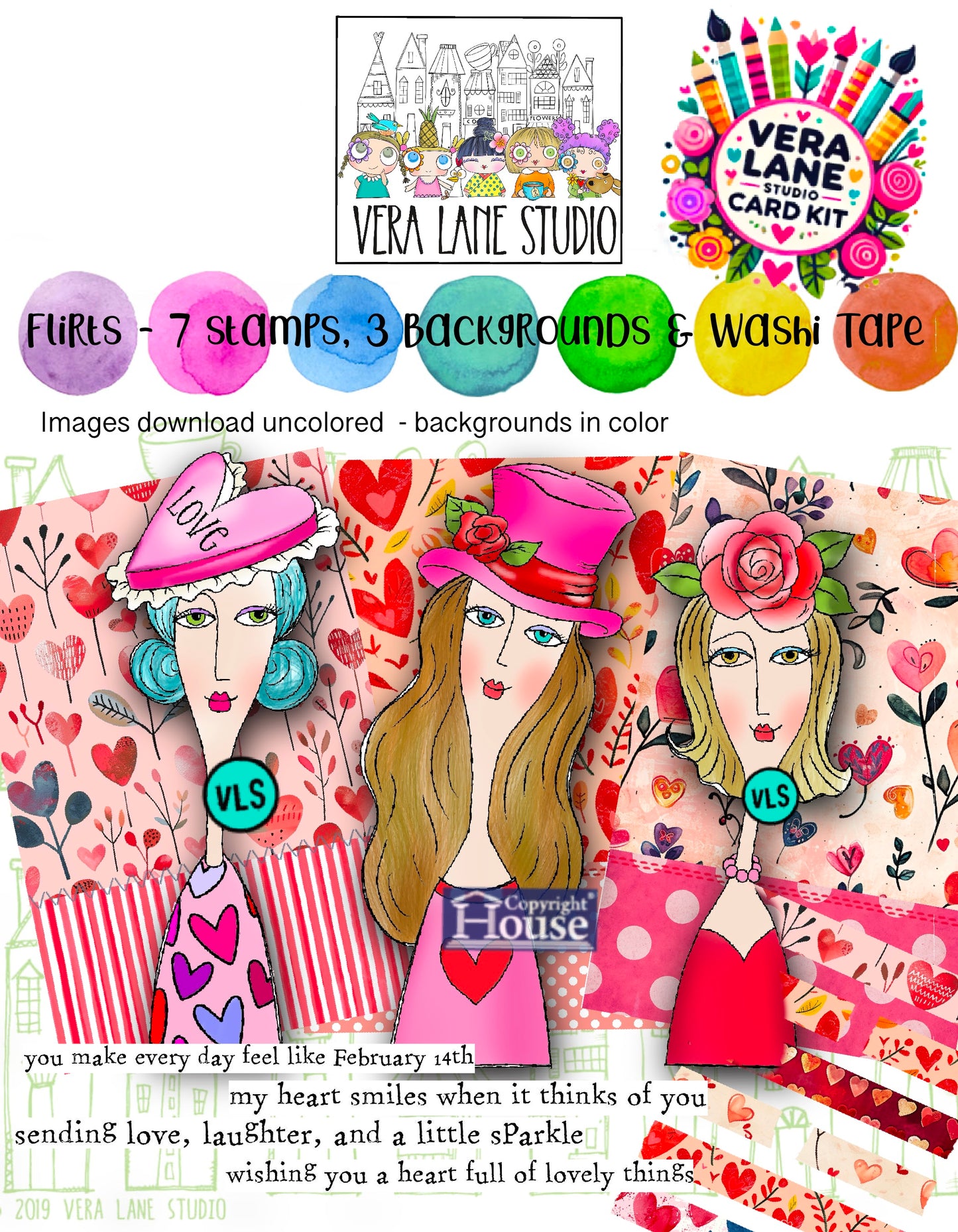 Flirts Card Kit - 7 stamps 3 backgrounds in digital files