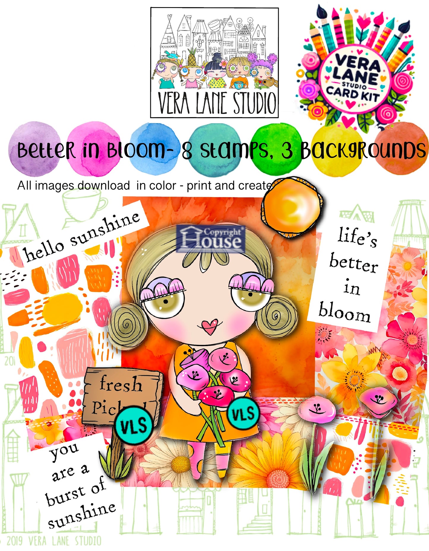 Better in Bloom Card Kit- 8 stamps, 3 colorful coordinating backgrounds