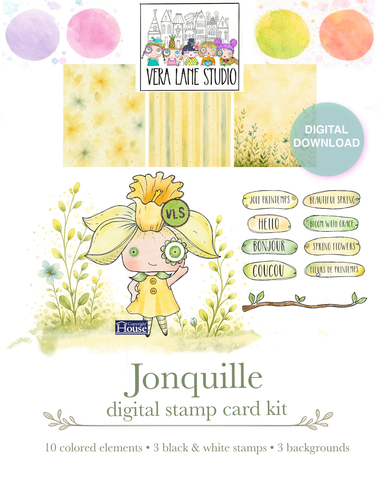 Jonquille Flower Girl Digi Stamps Kit, Spring Card Making Set, Printable Elements