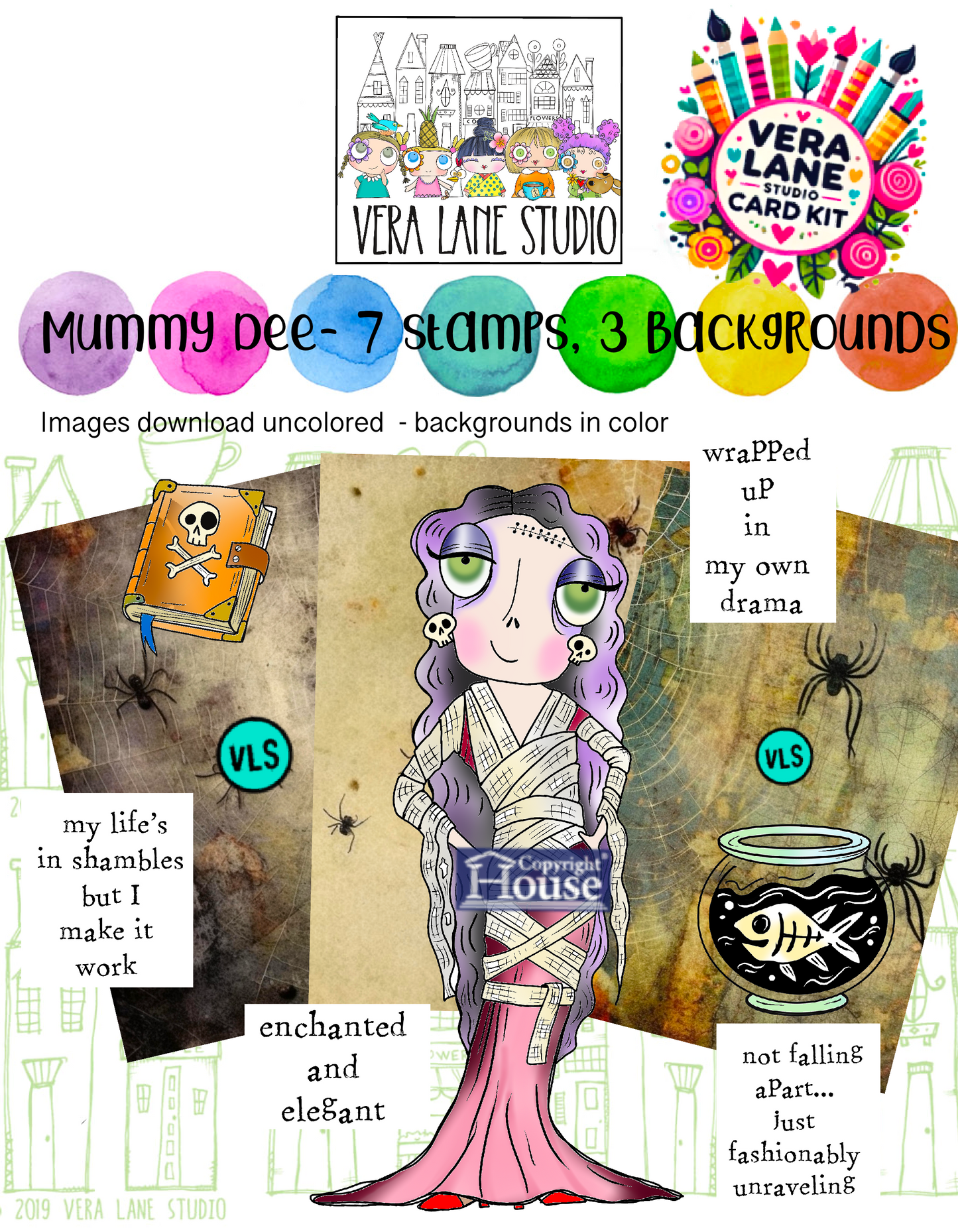 Mummy Dee card and scrap kit - 7 Digi stamps, 3 backgrounds