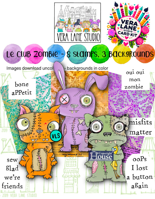 Le Club Zombie Digital Stamps – Quirky Halloween Printable Stamp Set, Cute Stitched Animals, Whimsical Digi Kit with Backgrounds