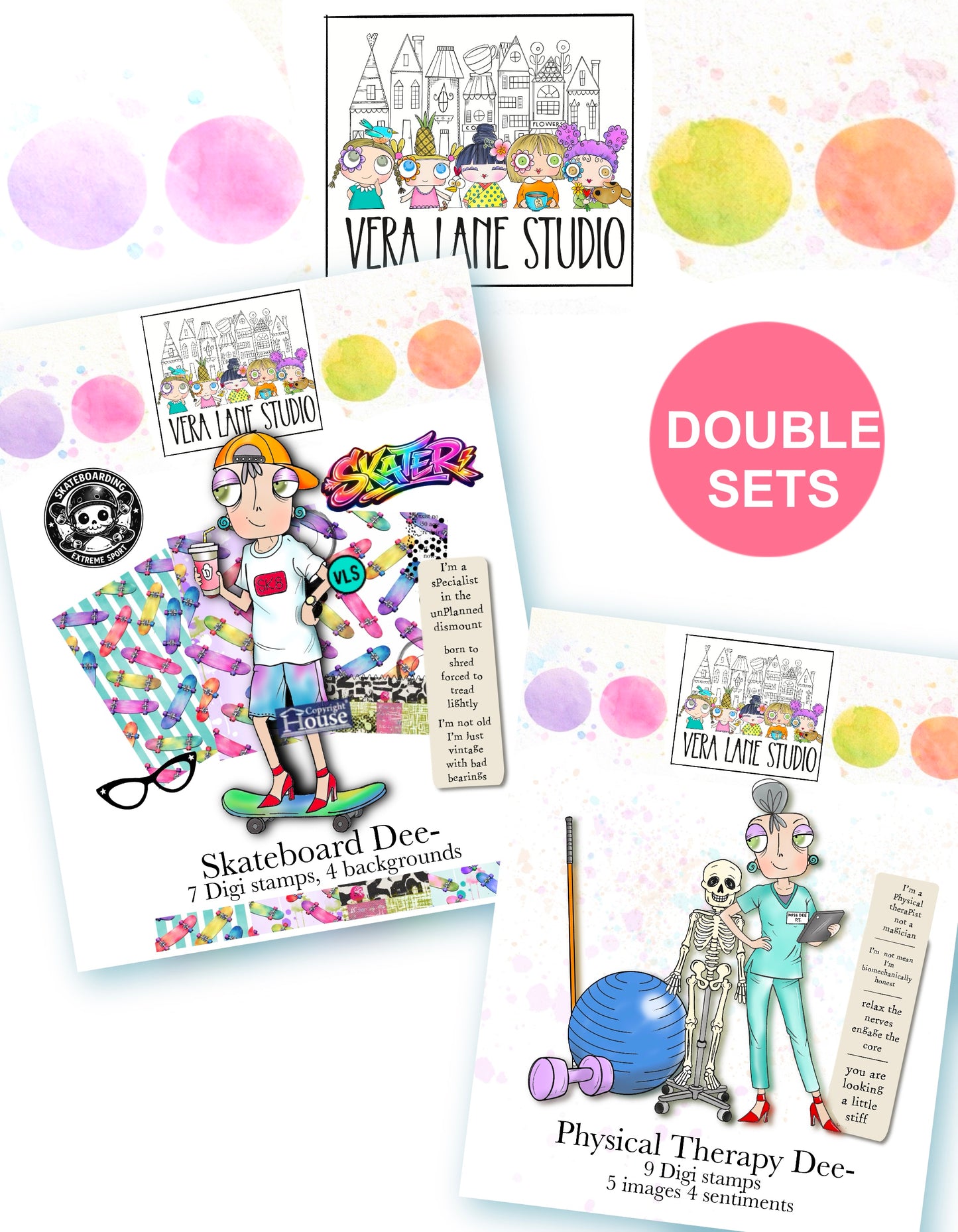 MIss Dee Double Bundle - PT Dee and Skateboarder Dee - 16 stamps, 4 card backs
