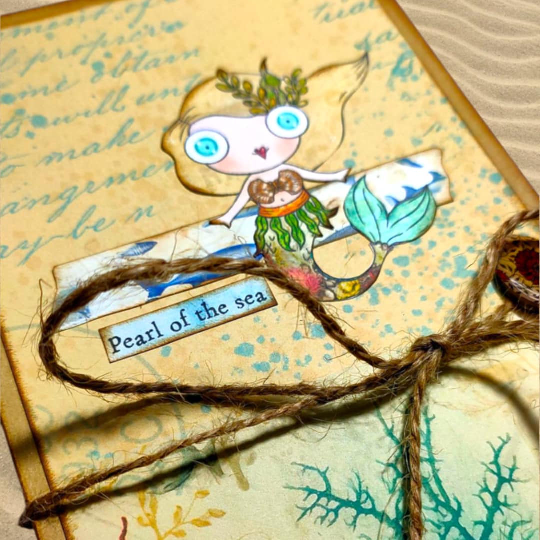 Pearls and Tides Mixed Media Mermaid Kit – 26 Digital Files with Mermaid Doll, Outfits, ATC and Card Backs, Word Clips, Faux Washi