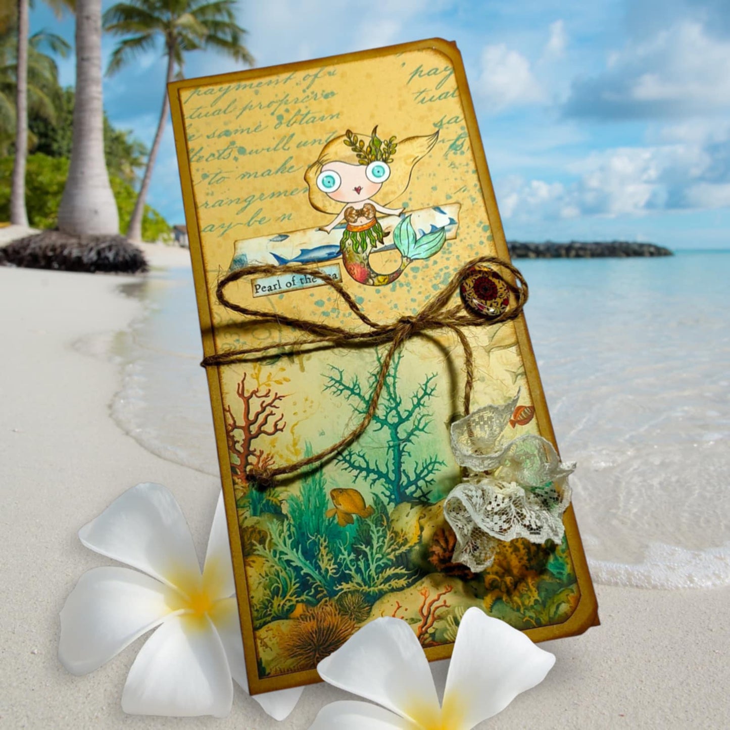 Pearls and Tides Mixed Media Mermaid Kit – 26 Digital Files with Mermaid Doll, Outfits, ATC and Card Backs, Word Clips, Faux Washi