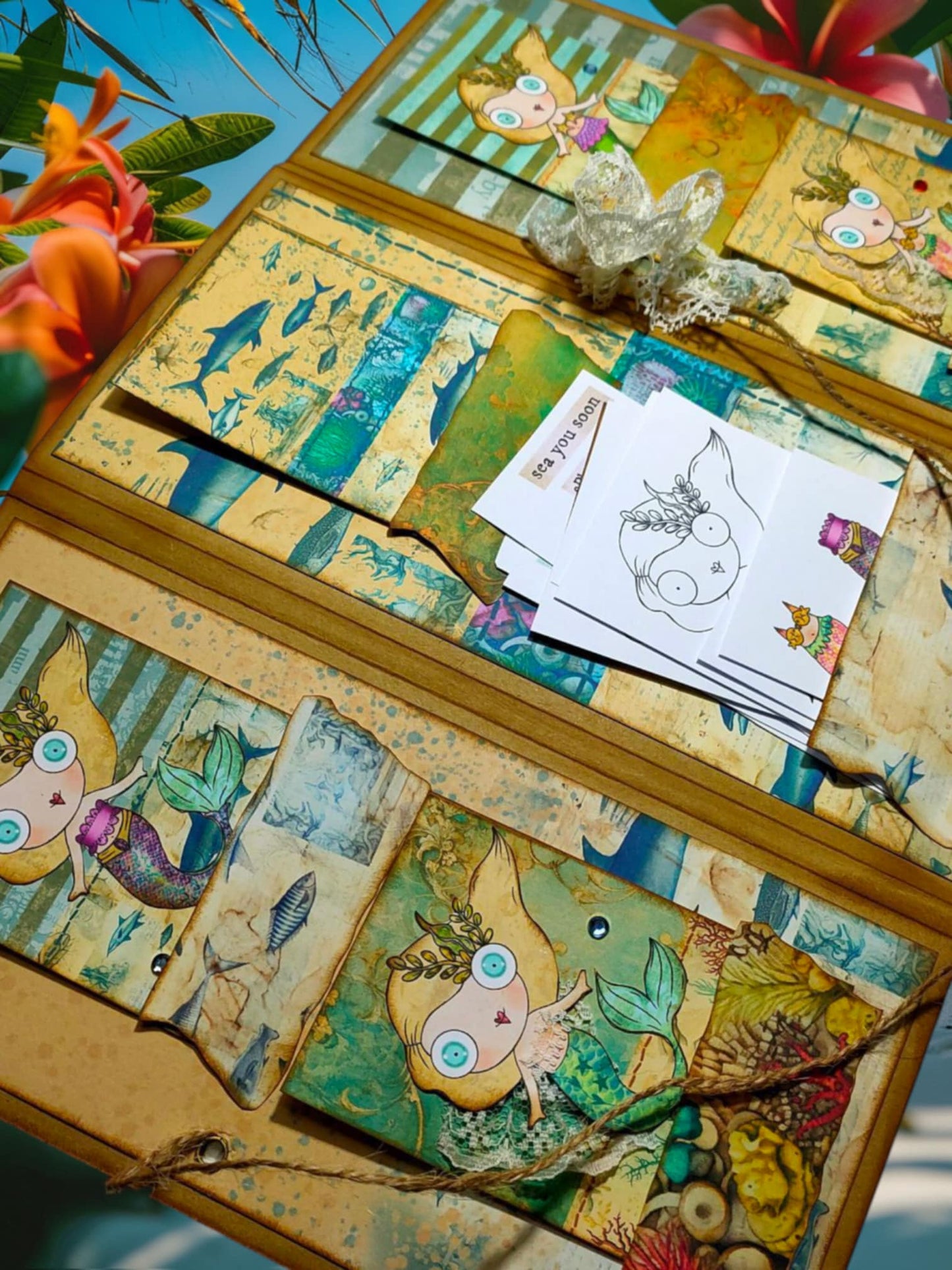 Pearls and Tides Mixed Media Mermaid Kit – 26 Digital Files with Mermaid Doll, Outfits, ATC and Card Backs, Word Clips, Faux Washi