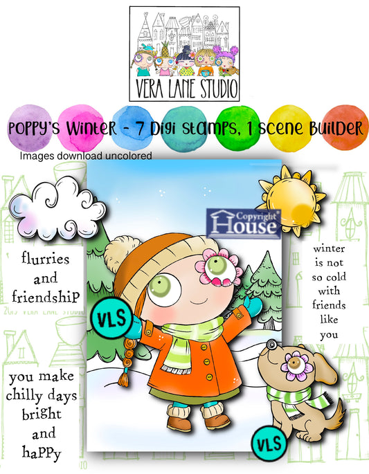 Poppy’s Winter Digital Stamp Set, Quirky Winter Girl Printable, Cute puppy Digi, original art for Cardmaking & Crafts